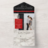 Rood zwart-wit monogram bruiloft all in one uitnodiging (Binnen)