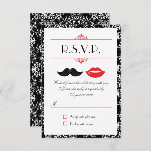 Rood, Zwart & Wit Mustache & Lippen Damast RSVP (Voorkant / Achterkant)