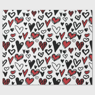 Rood Zwart Wit Patroon Harten Valentijn Cadeaupapier