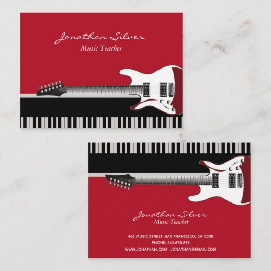 Rood Zwart-Wit Piano & Gitaar Muziek Leraar Visitekaartje (Voorkant / Achterkant)