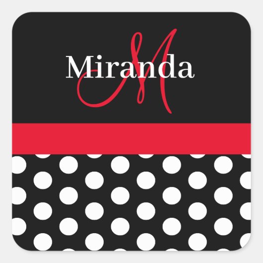 Rood Zwart Wit Polka Dot Monogram Vierkante Sticke Sticker (Voorkant)