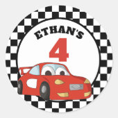 Rood Zwart Wit Race Auto 4e Verjaardagsfeest Ronde Sticker (Voorkant)