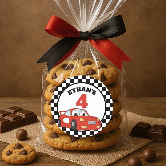 Rood Zwart Wit Race Auto 4e Verjaardagsfeest Ronde Sticker