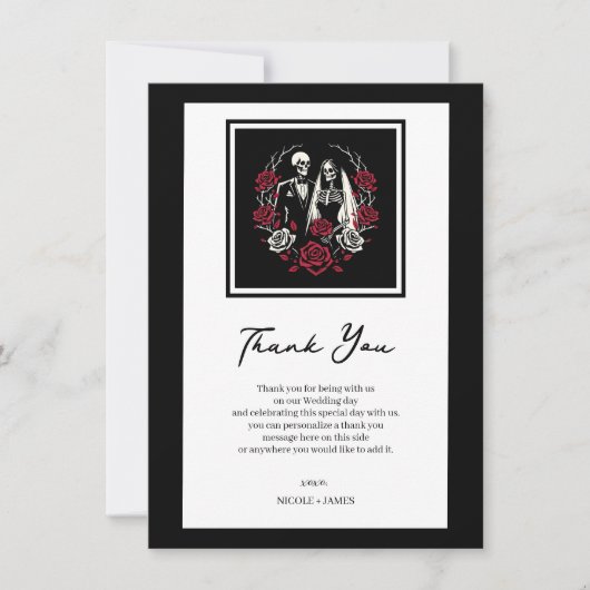 Rood & Zwart Wit Rozen Skelet Bruiloft Dank u Kaart (Voorkant)