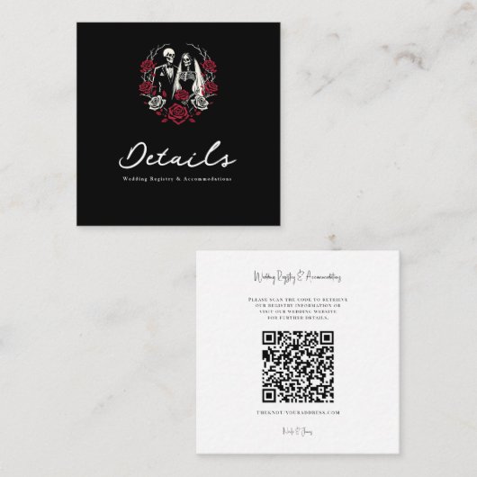 Rood & Zwart Wit Rozen Skelet Bruiloft Details Vierkante Visitekaartje (Voorkant / Achterkant)