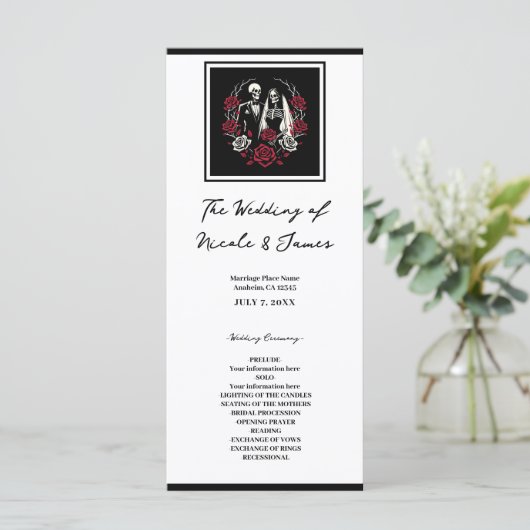 Rood & Zwart Wit Rozen Skelet Bruiloft Menu (Staand voorkant)