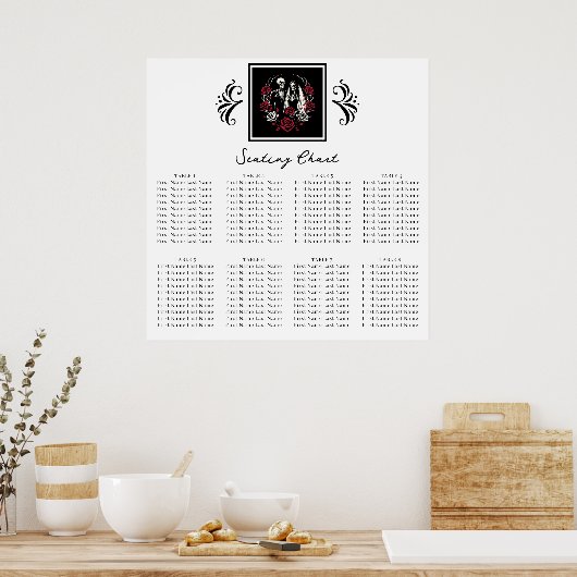 Rood & Zwart Wit Rozen Skelet Bruiloft Zitplaatsen Poster (Keuken)