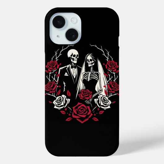 Rood & Zwart Wit Rozen Skelet Paar Bruiloft Case-Mate iPhone Case (Achterkant)