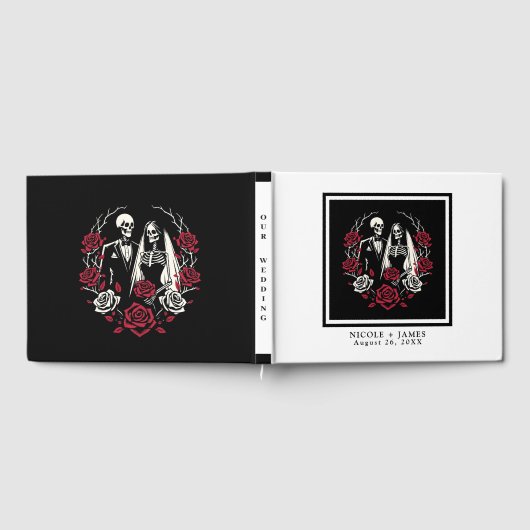 Rood & Zwart Wit Rozen Skelet Paar Bruiloft Gastenboek (Volledig)