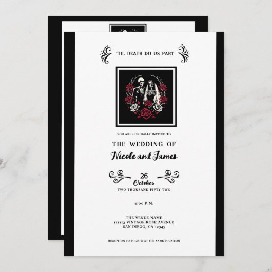 Rood & Zwart Wit Rozen Skelet Paar Bruiloft Kaart (Voorkant / Achterkant)