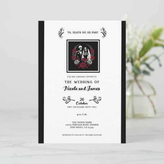 Rood & Zwart Wit Rozen Skelet Paar Bruiloft Kaart (Staand voorkant)