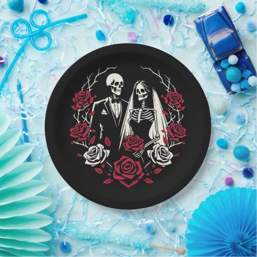 Rood & Zwart Wit Rozen Skelet Paar Bruiloft Papieren Bordje (Feest)