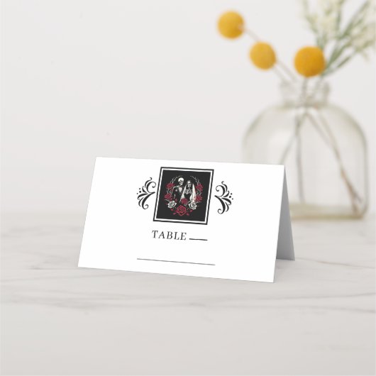 Rood & Zwart Wit Rozen Skelet Paar Bruiloft Plaatskaartje (Voorkant)