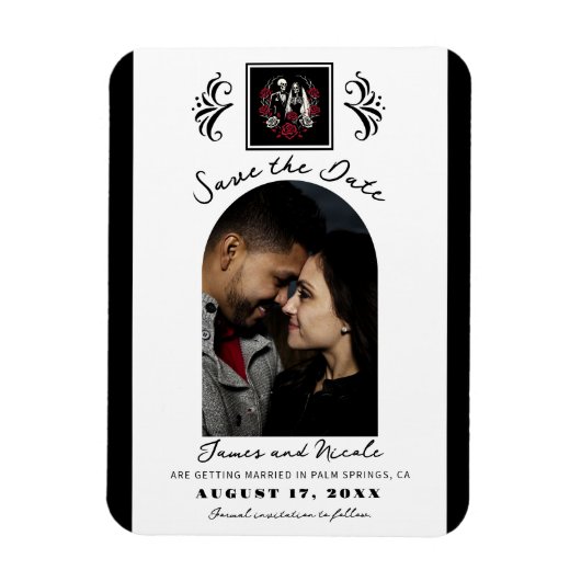 Rood & Zwart Wit Rozen Skelet Save the Date Magneet (Verticaal)