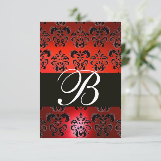 ROOD ZWART WIT RUBY DAMASK MONOGRAM RSVP KAARTJE (Staand voorkant)