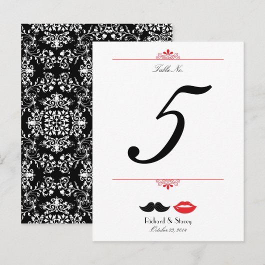 Rood, zwart & wit snor & lippen Damast bruiloft Briefkaart (Voorkant / Achterkant)