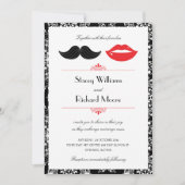 Rood, zwart & wit snor & lippen Damast bruiloft Kaart (Voorkant)