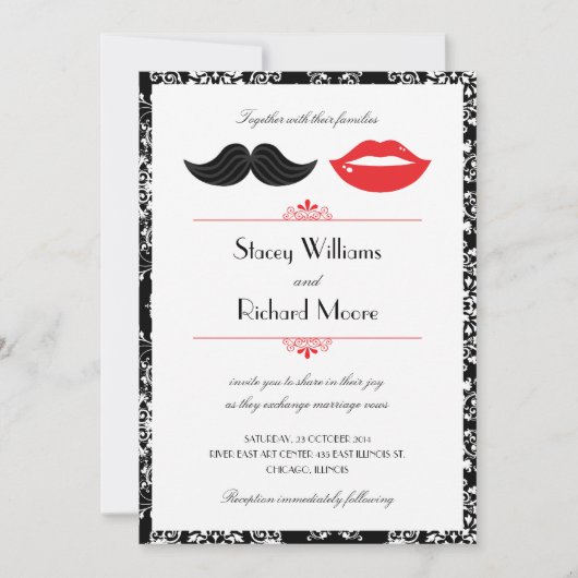 Rood, zwart & wit snor & lippen Damast bruiloft Kaart (Voorkant)