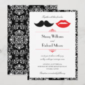 Rood, zwart & wit snor & lippen Damast bruiloft Kaart (Voorkant / Achterkant)