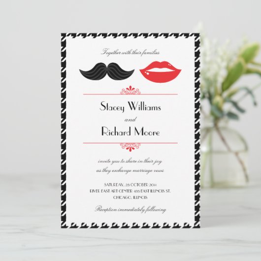 Rood, zwart & wit snor & lippen Houndstooth Wo Kaart (Staand voorkant)