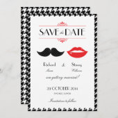 Rood, zwart & wit snor & lippen Houndstooth Wo Save The Date (Voorkant / Achterkant)