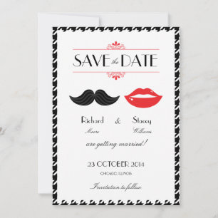 Rood, zwart & wit snor & lippen Houndstooth Wo Save The Date