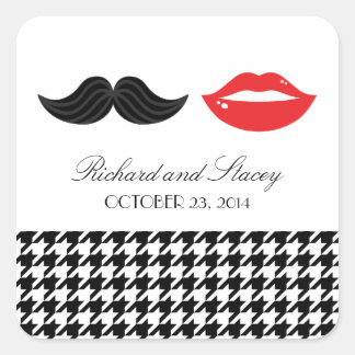 Rood, zwart & wit snor & lippen Houndstooth Wo Vierkante Sticker