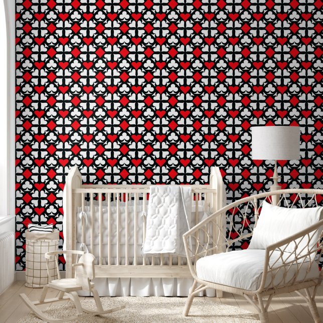 Rood, Zwart & Wit Speelkaartsymboolpatroon Behang (Kinderen)