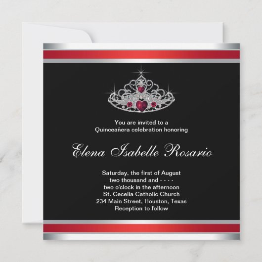 Rood Zwart Wit Tiara Quinceanera Kaart (Achterkant)