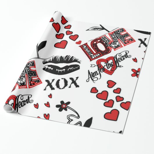 Rood Zwart Wit Valentijns Motief Inpakpapier (Uitgerold)