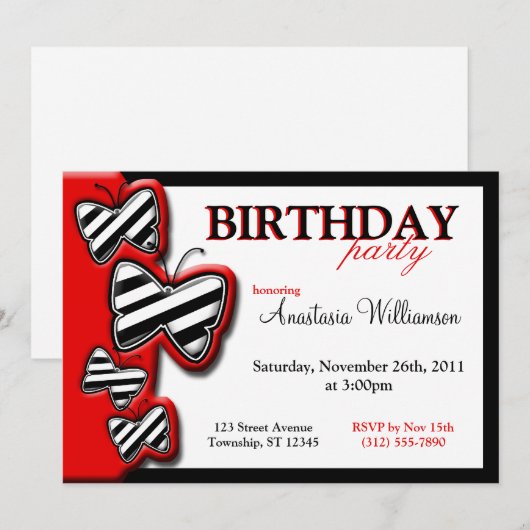 Rood Zwart & Wit Vlinder Verjaardag Uitnodigingen (Voorkant / Achterkant)