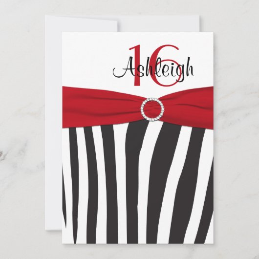 Rood, zwart, wit Zebra 16th Birthday Invitation Kaart (Voorkant)