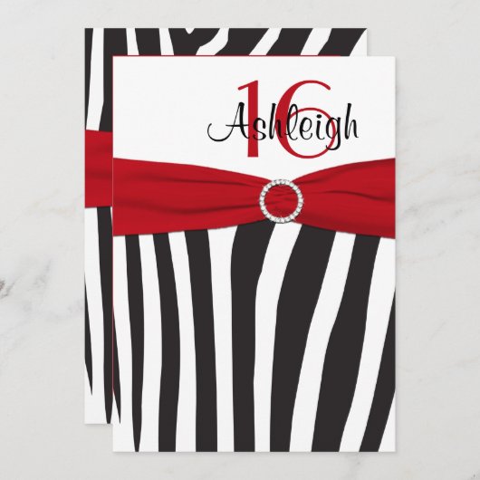 Rood, zwart, wit Zebra 16th Birthday Invitation Kaart (Voorkant / Achterkant)