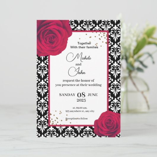 Rood zwart-witdamesbruiloft kaart (Staand voorkant)