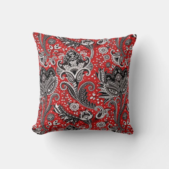 Rood Zwart & Witte Bloemen Paisley Boheemse Boho Kussen (Voorkant)
