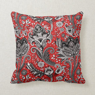 Rood Zwart & Witte Bloemen Paisley Boheemse Boho Kussen