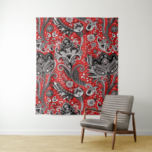 Rood Zwart & Witte Bloemige Paisley Boheemse Boho Wandkleed
