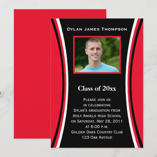 Rood, zwart, witte foto Afstuderen uitnodiging (Voorkant / Achterkant)