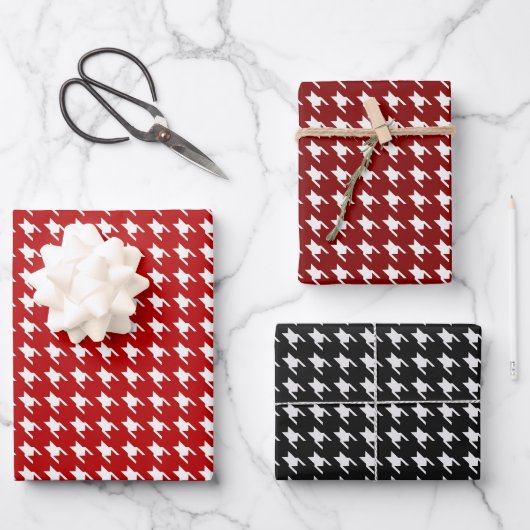 Rood & Zwart Witte Houndstooth Inpakpapier Vel (Voorkant)
