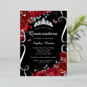 Rood Zwart Zilver Bloemen Vlinder Quinceanera Folie Uitnodiging (Staand Voorkant)