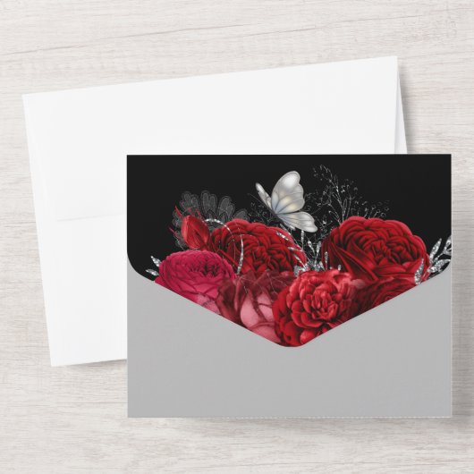 Rood zwart zilver roos elegant vlindergom all in one uitnodiging (Achterkant)