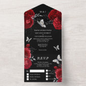 Rood zwart zilver roos elegant vlindergom all in one uitnodiging (Binnen)