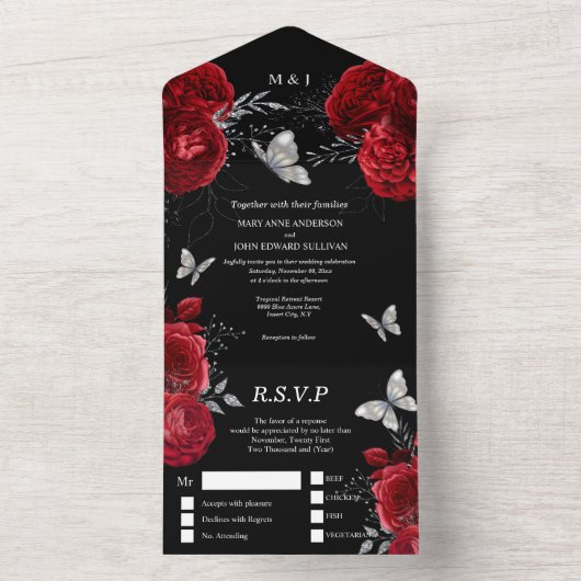 Rood zwart zilver roos elegant vlindergom all in one uitnodiging (Binnen)