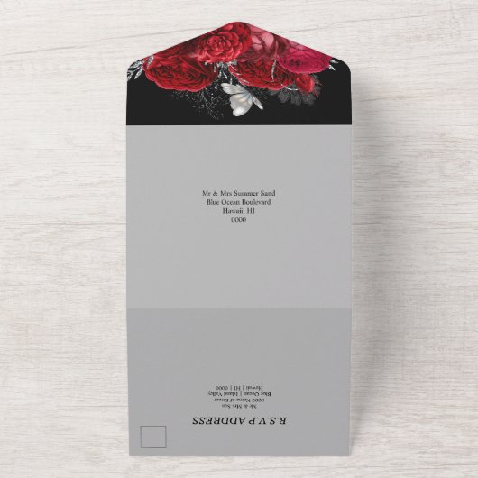 Rood zwart zilver roos elegant vlindergom all in one uitnodiging (Buitenkant)
