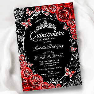 Rood Zwart Zilver Vlinders Rozen Quinceanera Folie Uitnodiging