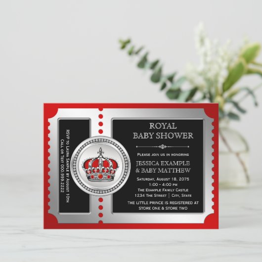 Rood Zwart Zilveren Prins Baby Douche Uitnodiginge Kaart (Staand voorkant)