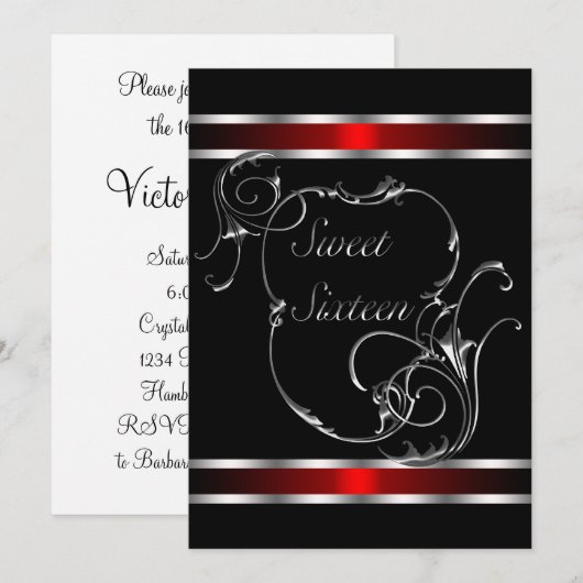 Rood Zwart Zilveren Werveltje Elegant Sweet Sixtee Kaart (Voorkant / Achterkant)