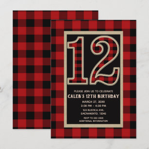 Rood Zwarte Buffalo Plaid 12e 12 Verjaardag Kaart