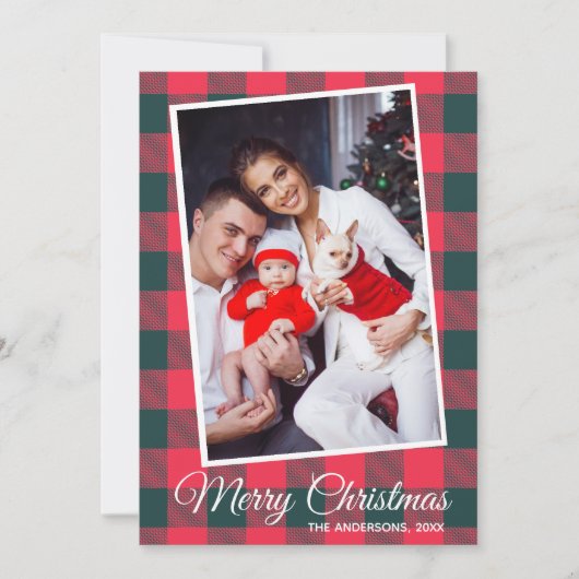 Rood Zwarte Buffalo Plaid Aangepaste Foto Kerstmis Kaart (Voorkant)