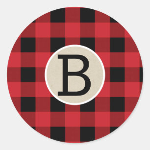 Rood Zwarte Buffalo Plaid Geruit Kraft Monogram Ronde Sticker